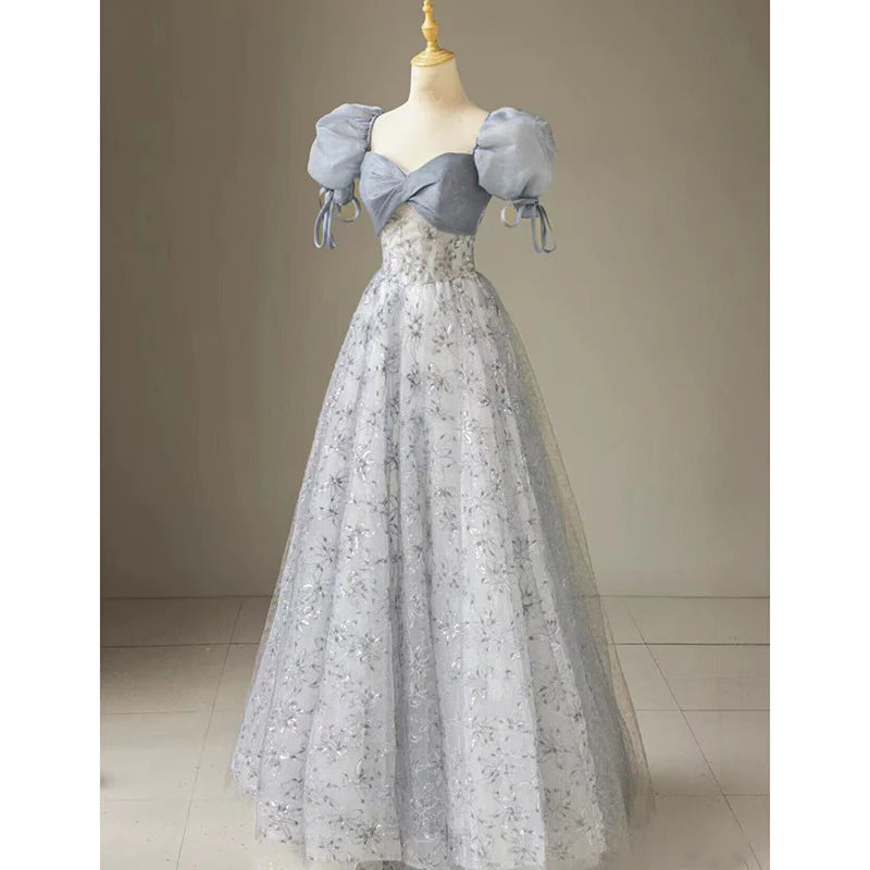 A Line Cute Puff Sleeves Blue Floral Printed Long formal dresses Bridesmaid Dresses evening gown Prom Dress